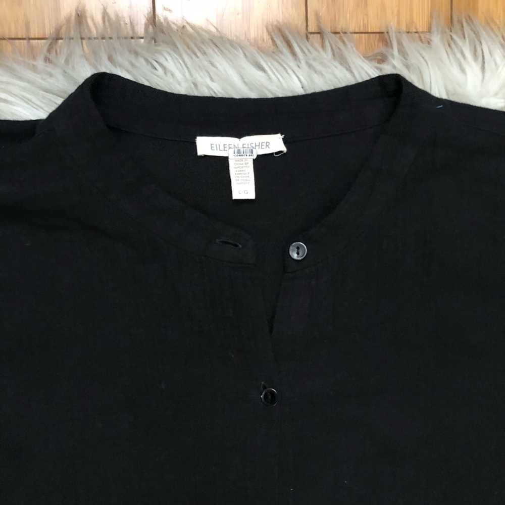 Eileen Fisher Organic Cotton Collarless Long Sleeves Black Shirt Dress size L - Picture 3 of 10